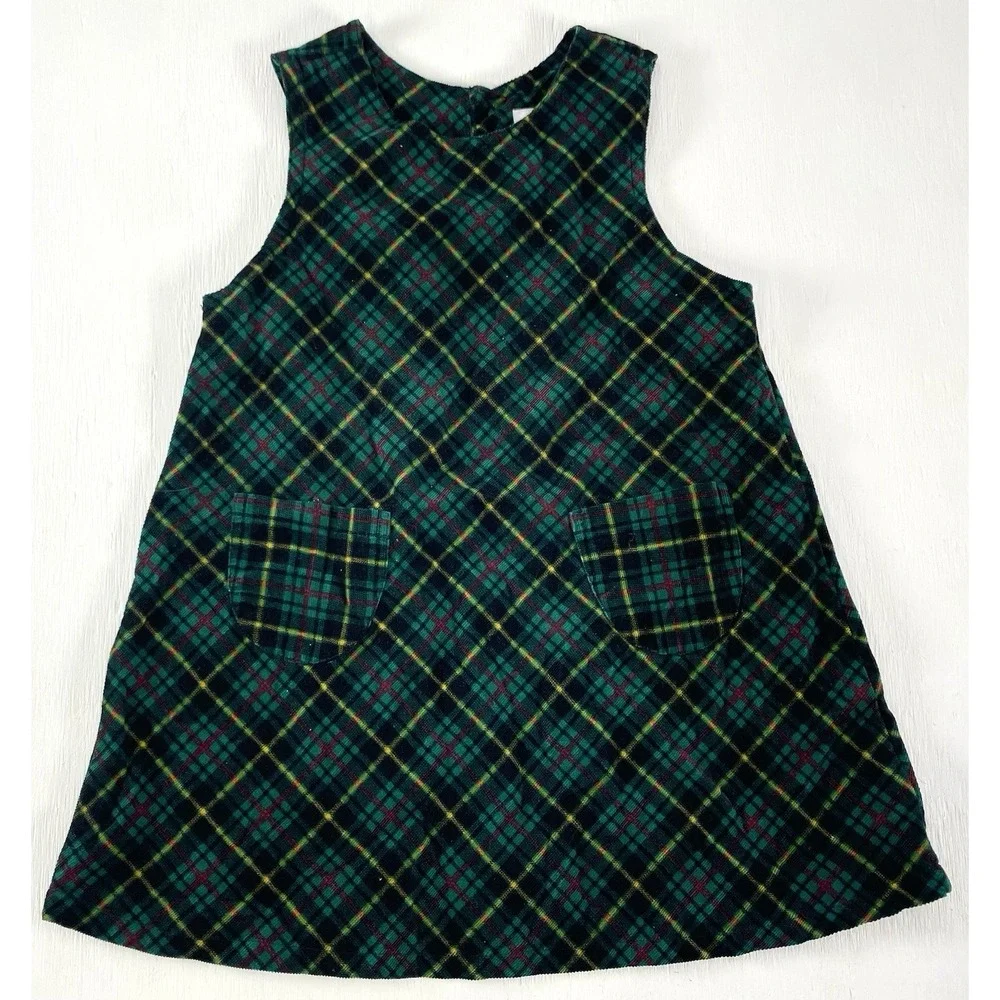 Girls Vintage Christmas Plaid Corduroy Jumper Dress | Gymboree Rainbow Tag M 3/4